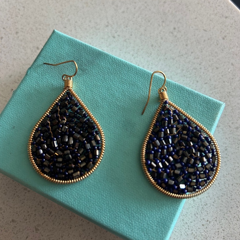 Gold and Blue Beaded Teardrop Earrings